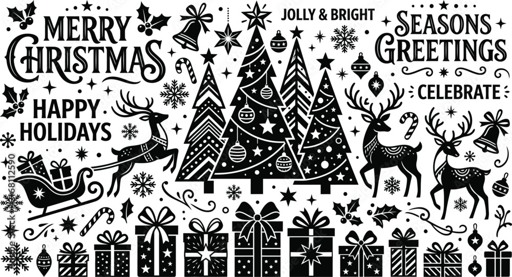 Fototapeta premium Vintage christmas illustration with deer trees presents and festive holiday greetings