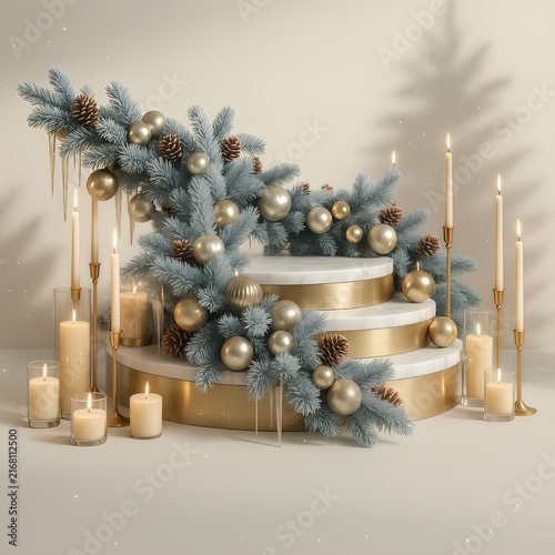 Christmas winter holiday product display podium with pine branches, ornaments, candles, and copy space