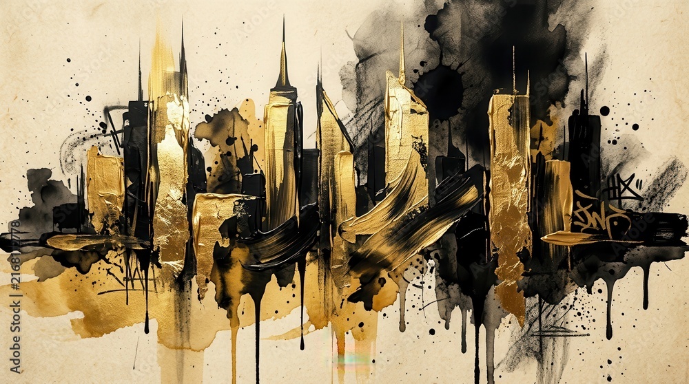 Obraz premium Urban cityscape abstract painting with black ink washes and golden watercolor brush strokes.