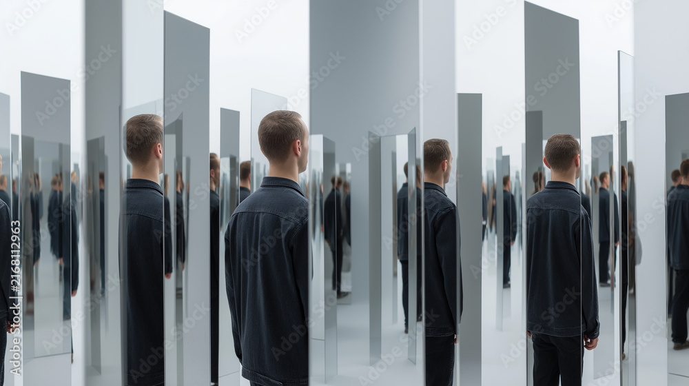 Fototapeta premium Man standing in mirrored room with reflections