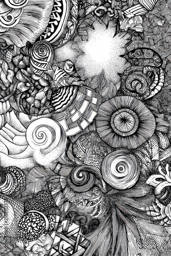 Abstract pen ink pattern design with spiral shape and detailed texture, black and white decorative drawing for background