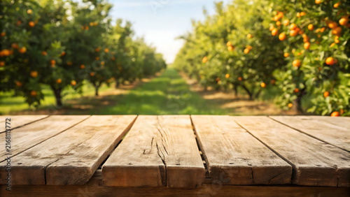 Rustic wooden picnic table in sunlit autumn orchard with warm golden light and greenery