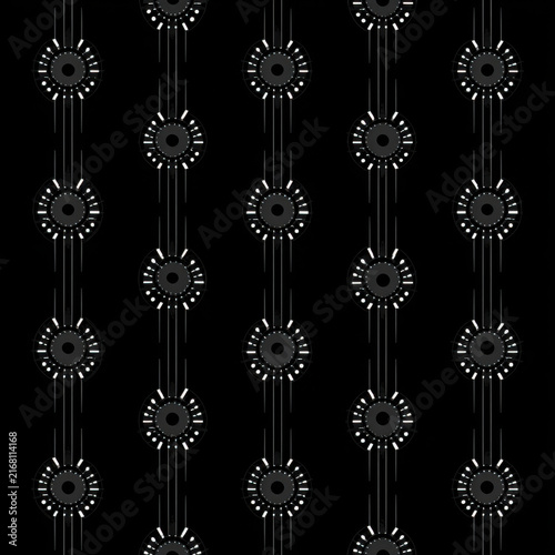 Abstract geometric pattern on black background with circular motif and vertical line, monochrome decorative wallpaper with dots and ring detail, seamless modern texture