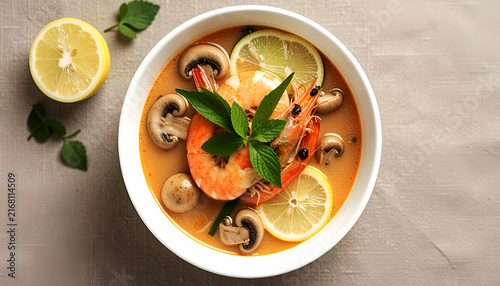 Tom yum soup with shrimp mushrooms and citrus slices