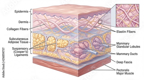 Cross section of breast tissue showing epidermis dermis collagen fibers subcutaneous adipose tissue suspensory ligaments elastin fibers mammary glandular lobules mammary ducts deep fascia
