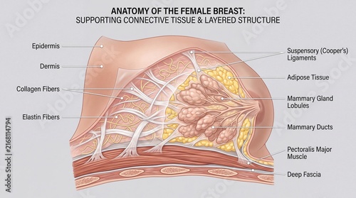 Epidermis dermis collagen fibers elastin fibers suspensory ligaments adipose tissue mammary gland lobules mammary ducts pectoralis major muscle deep fascia female breast anatomyEpidermis dermis