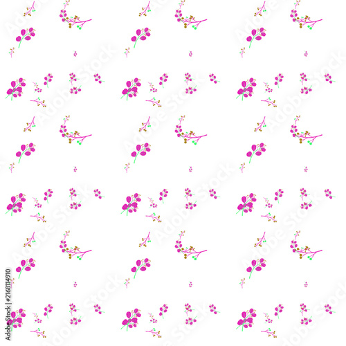 Seamless pattern of small bright pink flowers and delicate green leaves on a clean white background design