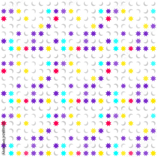 Abstract celestial pattern featuring vibrant sun and moon icons on a clean white background with playful multicolor design