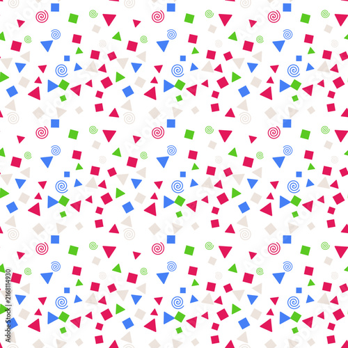 Seamless pattern of colorful geometric shapes with floating triangles squares and circles on a clean white background