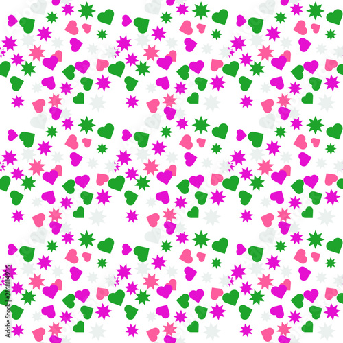 Seamless pattern of colorful hearts and star shapes scattered on white background for festive holiday wallpaper design