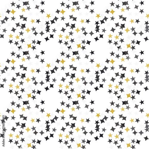 Seamless pattern of gold and dark grey stars scattered on a clean white background for festive design