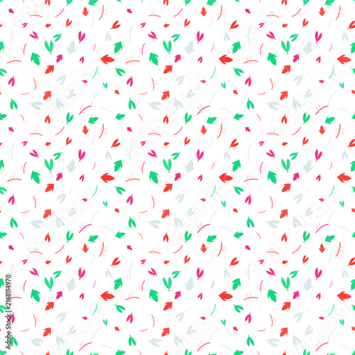 Seamless pattern of colorful abstract leaves and floral shapes with watercolor texture on a clean white background