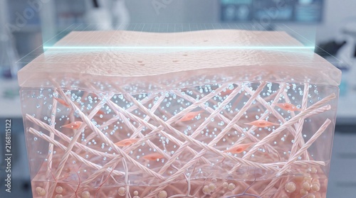 Hydration molecule skin cross section collagen fiber elastin healthy tissue scientific medical anatomy moisture biology dermatology laboratory closeup