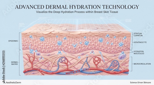 Breast skin hydration technology visualizes hydration molecules, microcirculation, keratinocyte, and dermis matrix structure, highlighting advanced dermal hydration and healthy tissue
