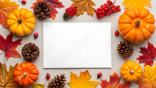Blank white greeting card surrounded by autumn pumpkins, pinecones, and fall leaves for seasonal design projects
