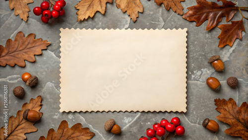 Blank kraft paper card with autumn leaves, cranberries, and acorns for seasonal greeting design