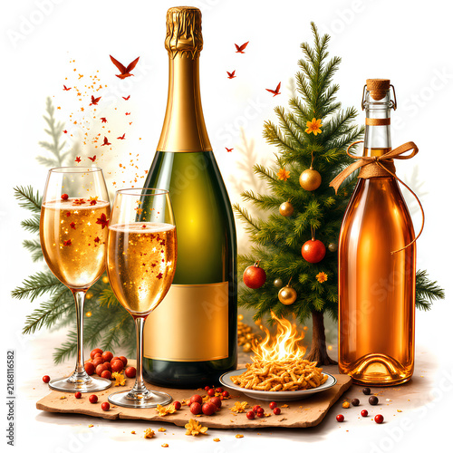 Festive Christmas and New Year celebration with champagne glasses and decorated tree