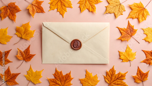Light beige envelope with wax seal on autumn leaves background for elegant invitations and stationery