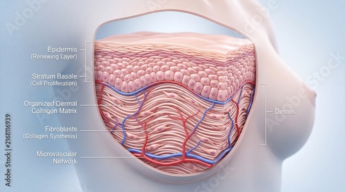 Cross section of human skin showing epidermis, stratum basale, organized dermal collagen matrix, fibroblasts, and microvascular network, highlighting regeneration and recovery process