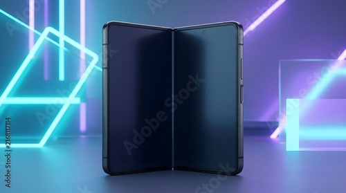 Foldable smartphone half open with blank screen on neon background