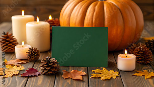 Autumn harvest pumpkin with lit candles on rustic wooden table for fall decor and Thanksgiving centerpiece
