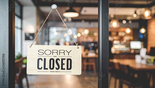 Sorry We Are Closed Wooden Sign Hanging on Glass Door of Modern Cafe and Restaurant with Warm Blurred Interior Background