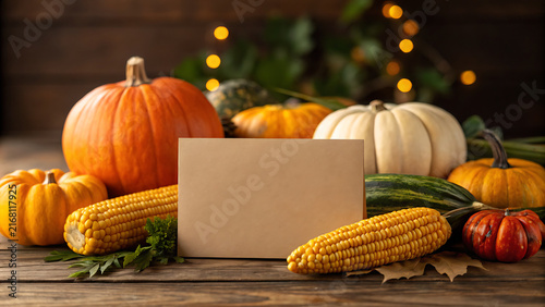 Fresh harvest pumpkins, corn, and gourds arranged on wooden table for autumn fall decor display