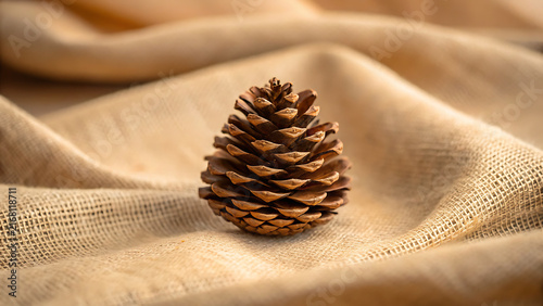Close-up of golden pine cone on soft beige linen fabric texture background