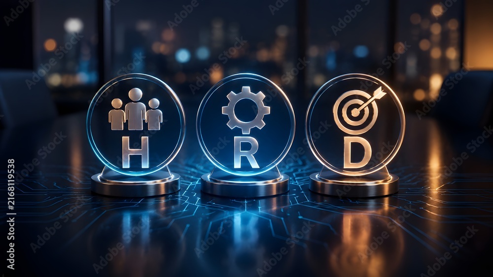 Fototapeta premium Glowing digital HRD human resource development emblems with people gear and target icons on high tech circuit board table in dark modern office