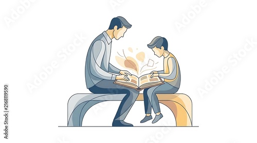 Father and son reading book on bench together.