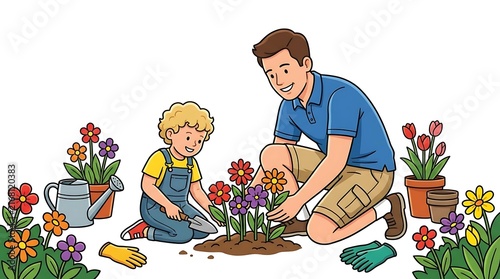 Father and son planting flowers in a garden.