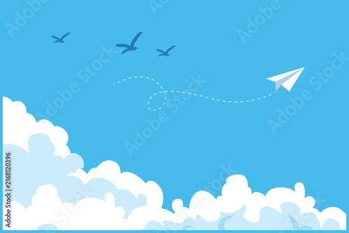Flying paper airplane with birds and fluffy clouds against a bright blue sky.Blue sky concept. Colored flat graphic vector ilustration isolated