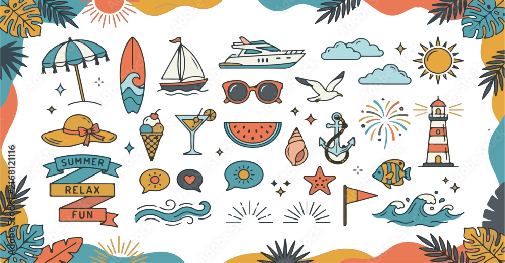 Obraz premium Hand Drawn Summer Vacation Doodle Icon Set with Beach, Surfing, Lighthouse, Fireworks and Tropical Elements