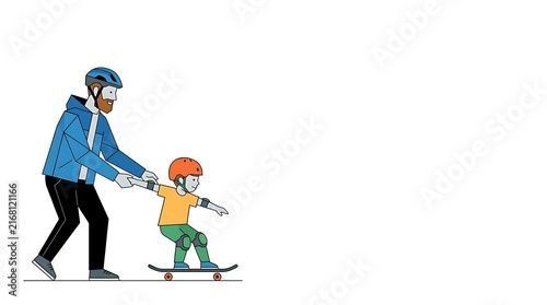 Father helping young son learn to ride skateboard