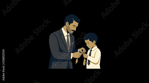 Father helping young son tie necktie on dark background.