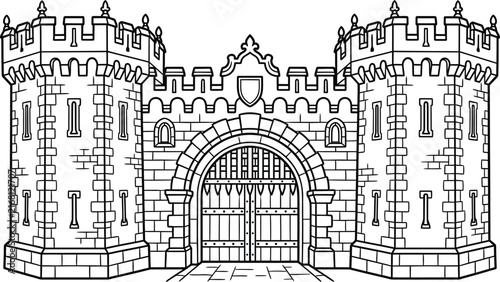 Принти на полотні Black and white line art illustration of a medieval stone castle gatehouse