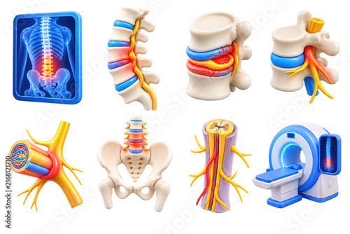 Detailed medical illustrations of the human spine and nervous system components