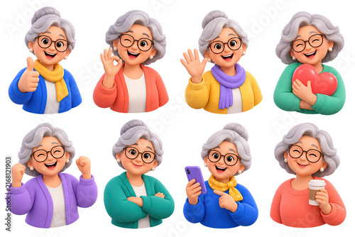 Happy cartoon grandmother with gray hair and glasses in various poses