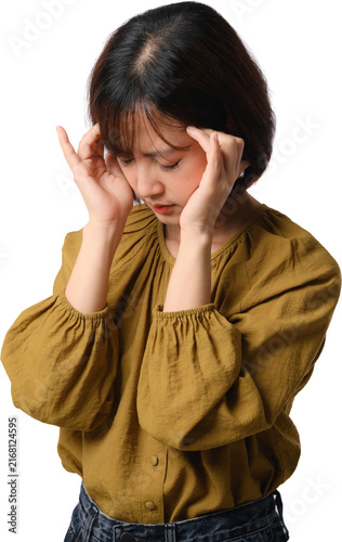 Young stressed asian woman suffering from painful headache holding temples with hands feeling overwhelmed isolated transparency background