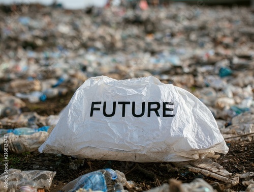A single white plastic bag labeled future sitting in the middle of a vast, polluted landfill covered in scattered plastic waste and debris