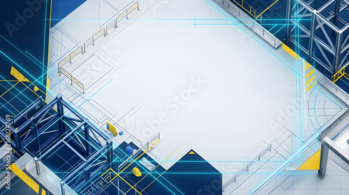 Isometric Blueprint Construction Site Layout with Engineering Frameworks and Safety Protocols