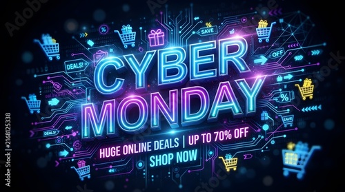 Cyber monday neon sign with digital circuit board pattern