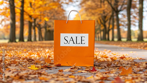 Orange sale shopping bag on autumn leaves with discount tag in park setting