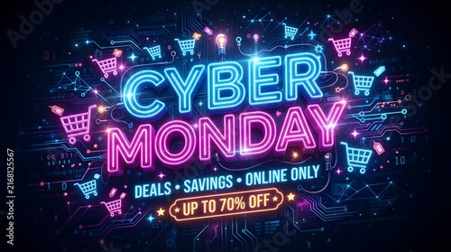 Cyber monday neon sign with seventy percent off discount
