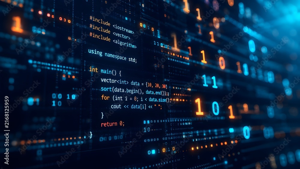 Fototapeta premium Abstract programming concept with floating code merging into glowing orange and blue binary numbers in digital space