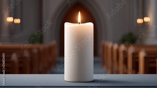 A single lit white candle in a quiet church interior