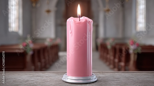 Pink candle glowing on a wooden surface inside a blurred church interior