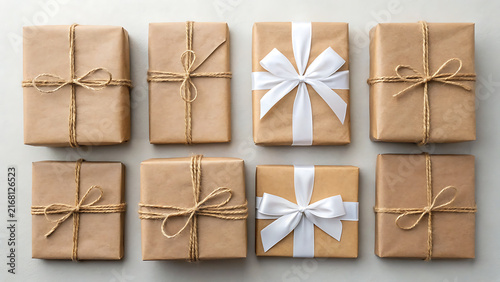 Nine neatly wrapped kraft paper gift boxes with twine and white snowflake tags for holidays and celebrations