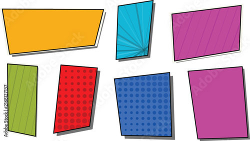 A collection of colorful hand drawn comic panel shapes isolated on a white background for creative graphic design projects
