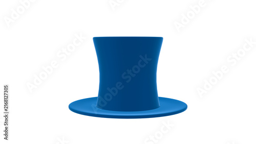 A glossy blue top hat with a wide brim and gently curved crown appears front facing against a plain transparent background with soft studio lighting.
